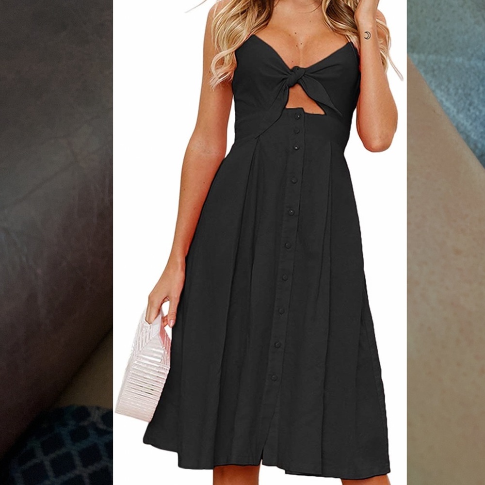 Cute black summer dress with front tie closure.